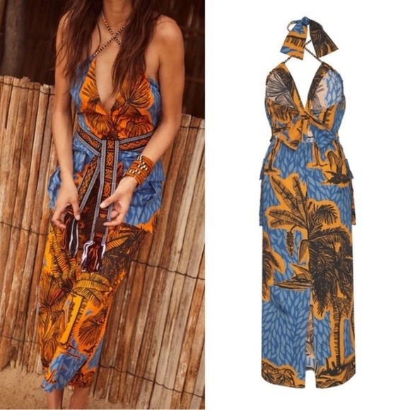 Johanna Ortiz Vida Salvaje Resort Halter Midi Dress Blue Orange Cotton Size 2 - Picture 3 of 13